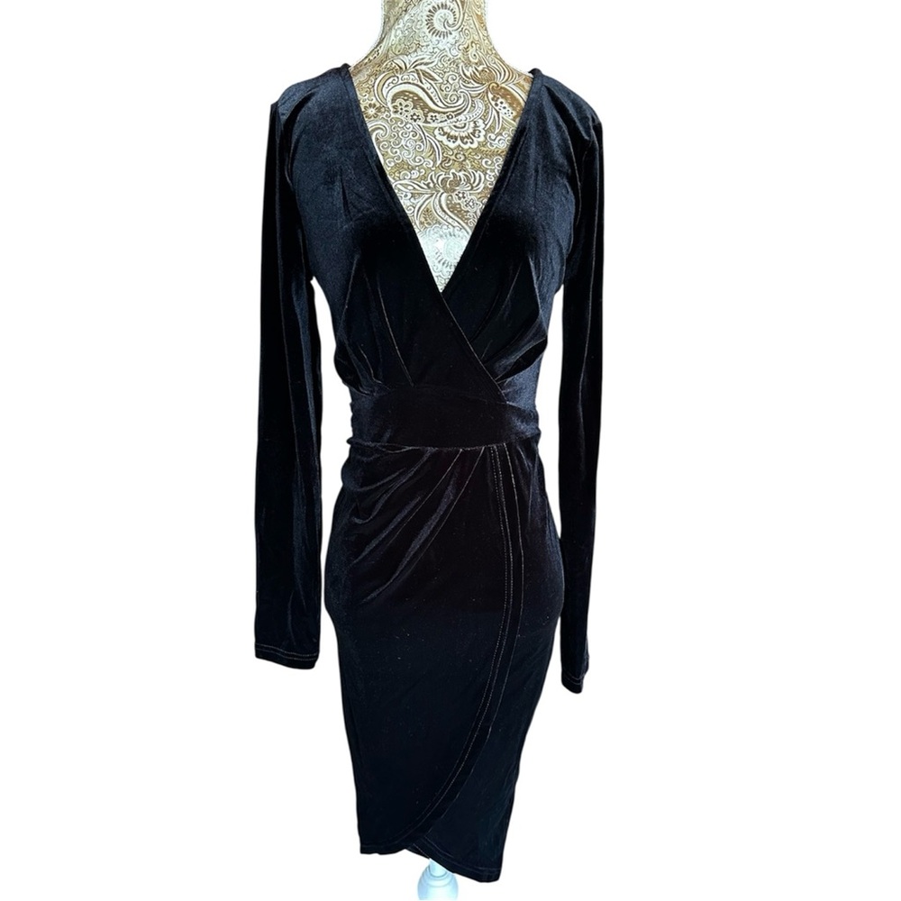 Hot Miami Styles Black Velvet Long Sleeve Dress Sexy Stretch Cocktail Large - Picture 1 of 6